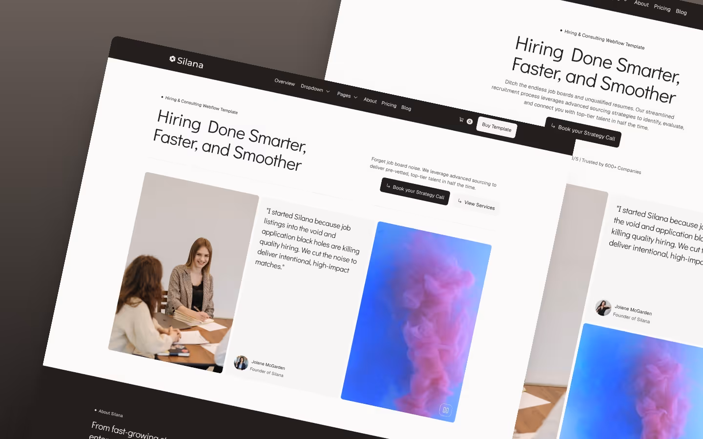 Webpage titled Hiring Done Smarter with photo of two women talking and a colorful abstract image.