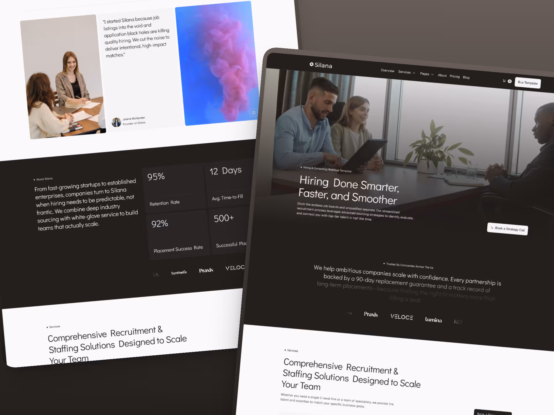 Screenshots of Silana website showing hiring services, testimonials, and recruitment statistics with team photos.