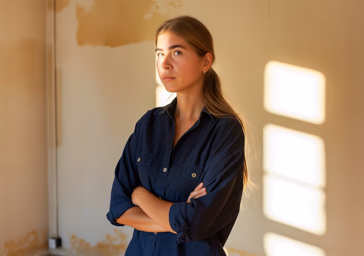 Contemplative young woman with folded arms in a sunlit room with peeling paint on the walls.