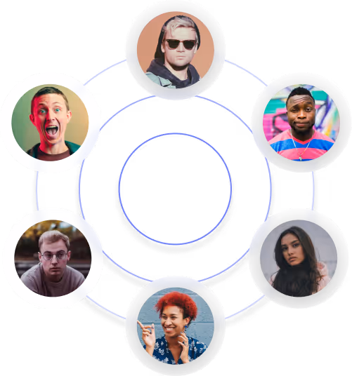 Six diverse people in a circular connected network, showing varied expressions and styles.