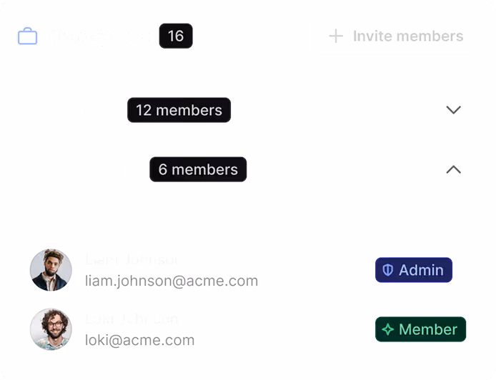 User list from two workspaces showing email addresses and roles: one admin and one member.