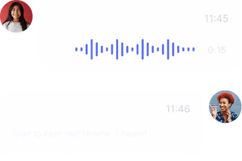 Chat showing a voice message from Helena Bugle and a text reply from Rennearsten saying cheers.