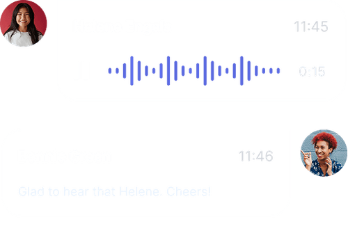 Chat showing a voice message from Helena Bugle and a text reply from Rennearsten saying cheers.