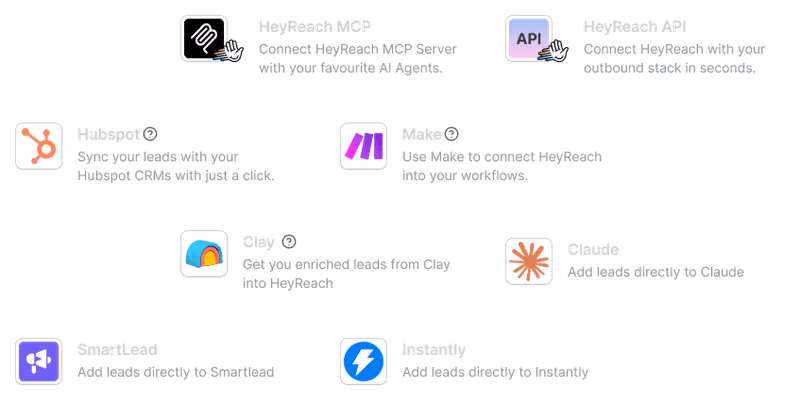 Logos and descriptions of integrations for HeyReach including API, Hubspot, Make, Clay, Cloude, Smartlead, and Instantly.