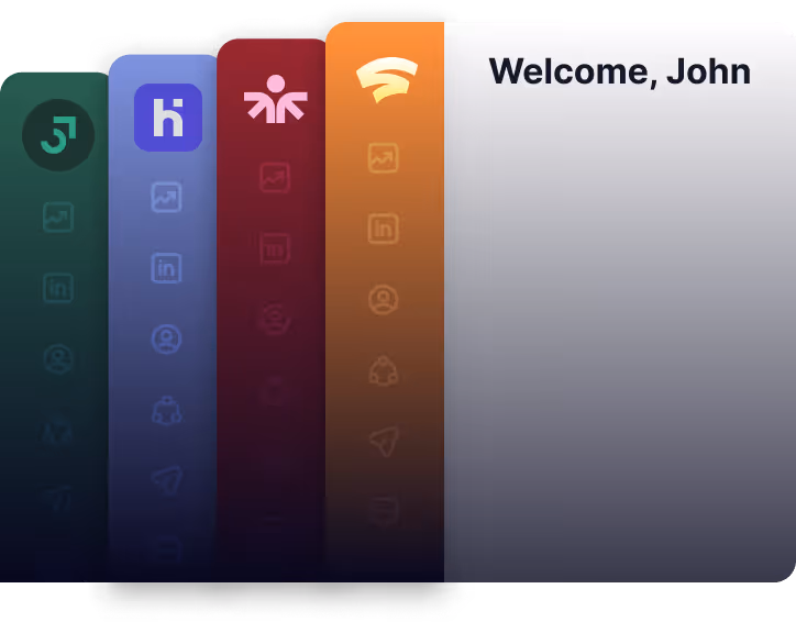 User interface panels side by side with icons and text greeting 'Welcome, John' on the right panel.
