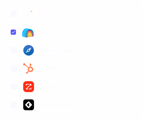 Selection list of marketing tools with Clay checked, including Apollo, Scout Navigator, HubSpot, ZoomInfo, and CommSortium.
