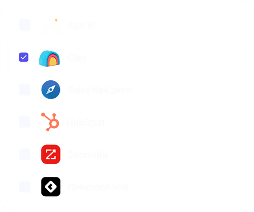 Selection list of marketing tools with Clay checked, including Apollo, Scout Navigator, HubSpot, ZoomInfo, and CommSortium.