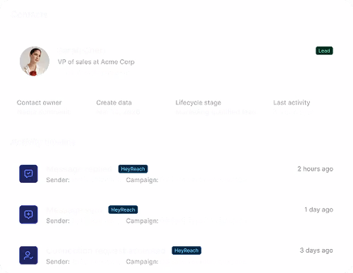 Customer profile with photo, contact info, status, and activity timeline with HeyReach entries.