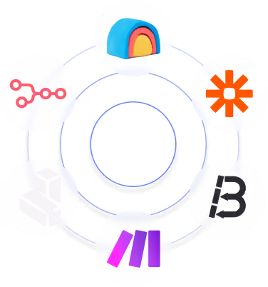 Six colorful circular icons connected by two blue rings, forming a network around a center circle.