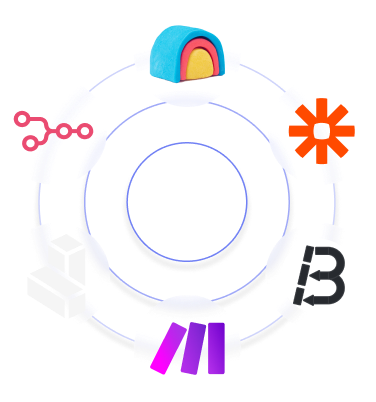 Six colorful circular icons connected by two blue rings, forming a network around a center circle.