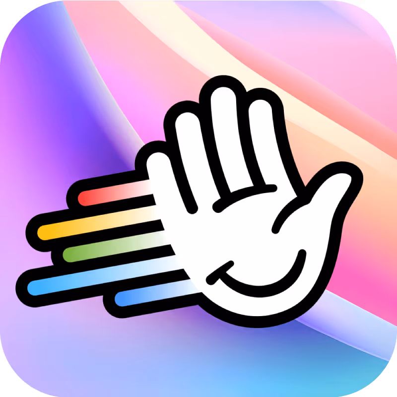 White stylized hand with rainbow streaks on colorful pastel gradient background.