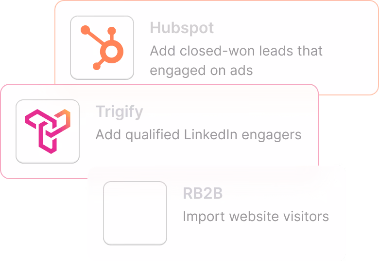 Three overlapping boxes with Hubspot, Trigify, and RB2B logos and brief service descriptions.