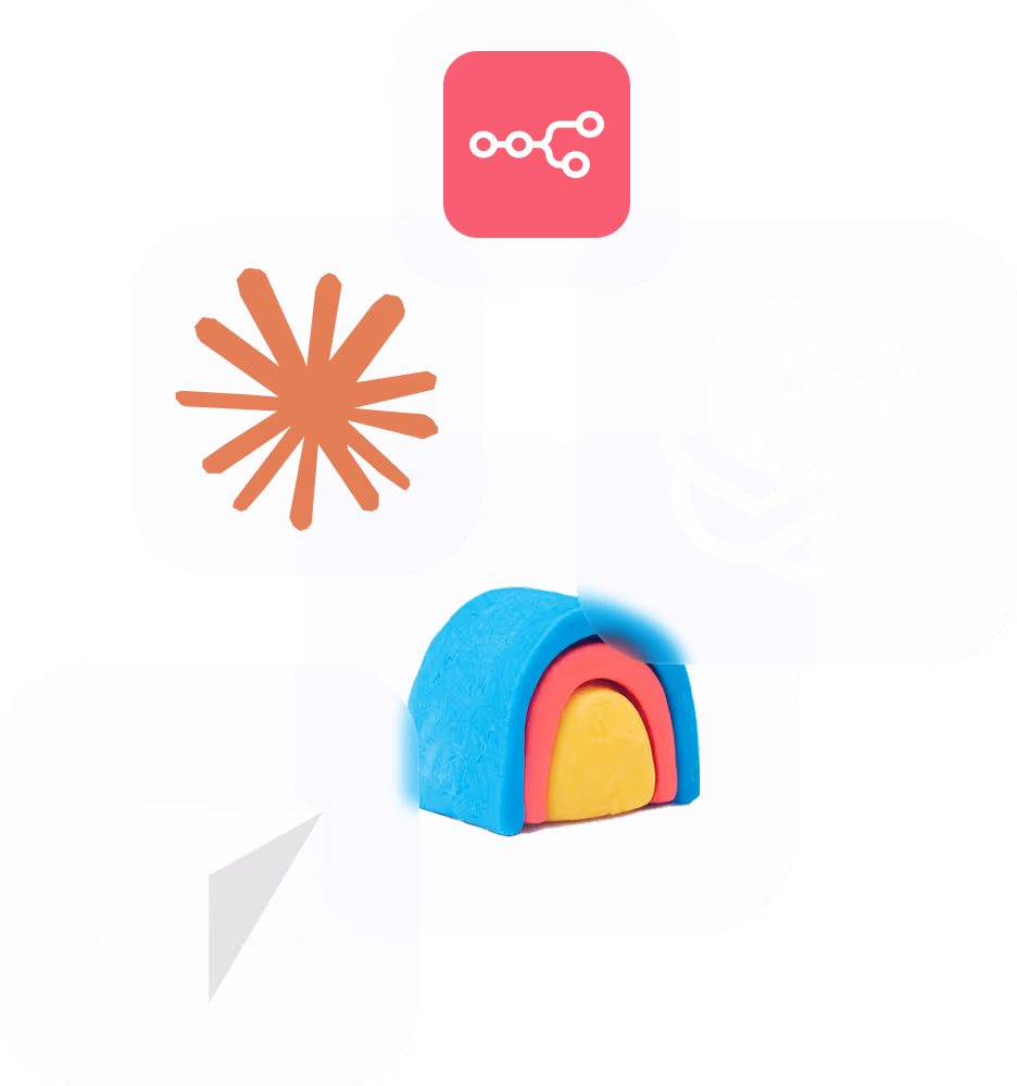 A central colorful arch shape surrounded by five logos including OpenAI and white geometric icons on purple squares.