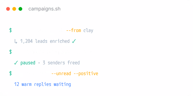 Terminal showing a script with commands about leads enriched, paused status, and normal replies waiting.