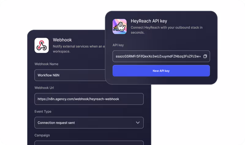 Screenshot of HeyReach API key setup with webhook details and event type connection request sent.