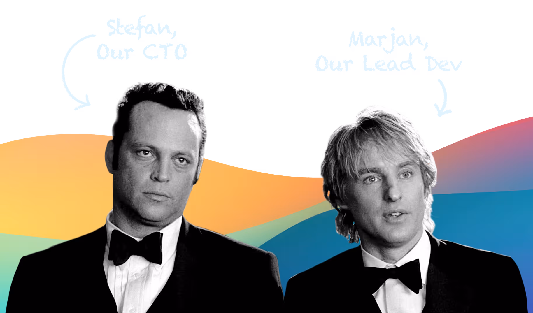 Black-and-white photo of two men in tuxedos with colorful abstract background behind them.