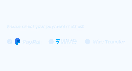 Payment method selection showing PayPal, Wise, and Wire Transfer on a blue background.