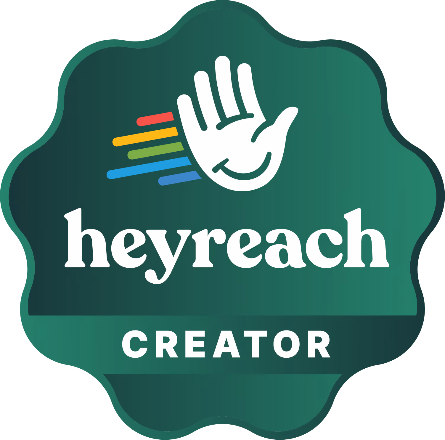 Green badge with a white hand and colored speed lines, text reads heyreach CREATOR.