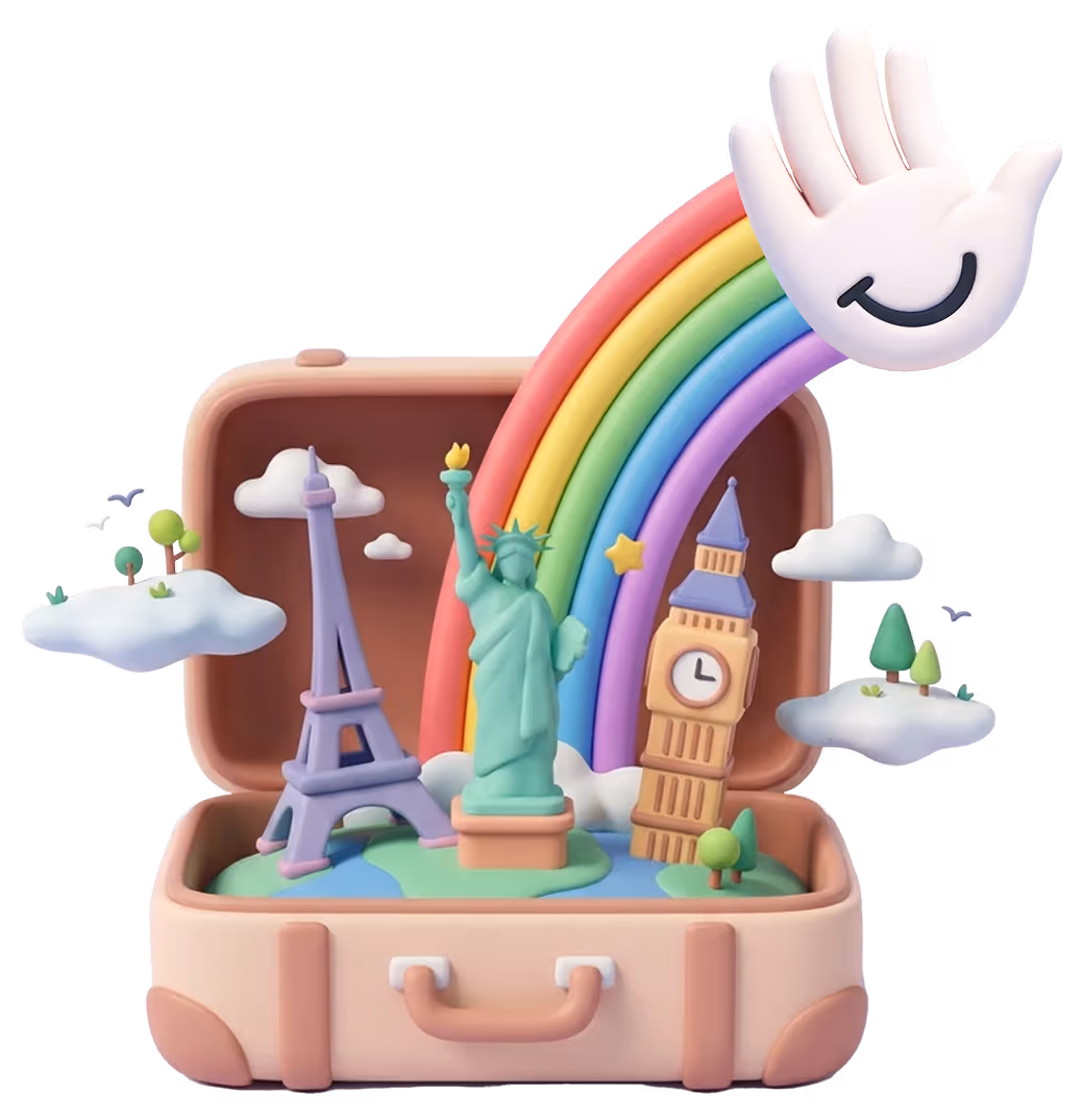Open suitcase with Eiffel Tower, Statue of Liberty, Big Ben, rainbow, clouds, and trees inside.