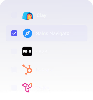 List of apps with Sales Navigator selected and icons for Clay, RB2B, Hubspot, Trigity below.
