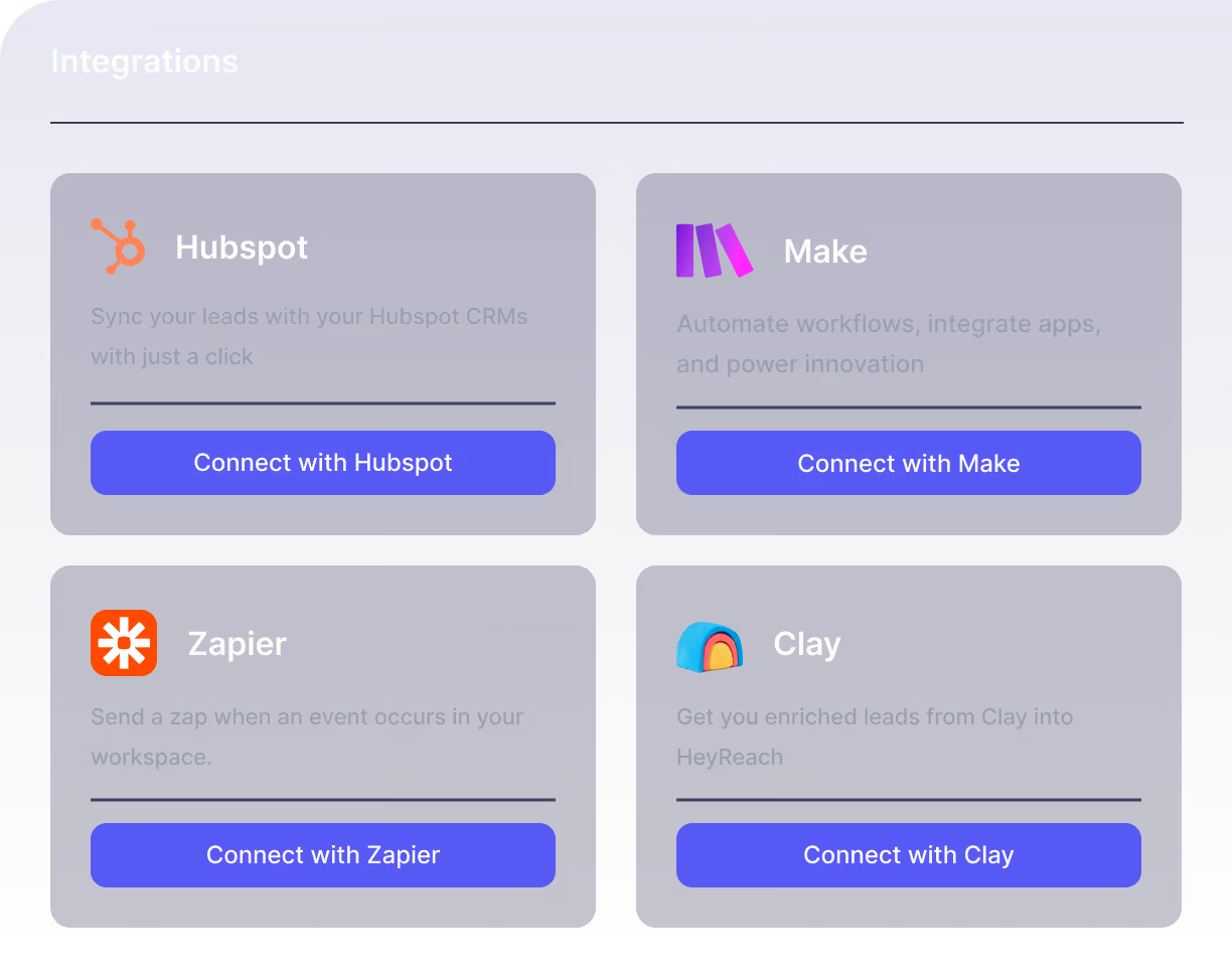 Integration options for Hubspot, Make, Zapier, and Clay with connect buttons on a purple background.