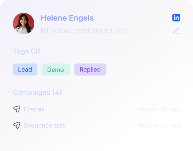 User profile showing Helene Engels with email, tags Lead, Demo, Replied, and two campaign entries.