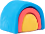 Colorful abstract clay shape with blue outer layer and inner layers of pink, red, and yellow.