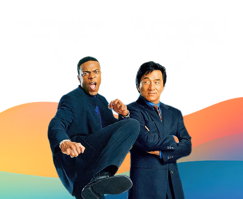 Two men in suits, one with a raised leg and yelling, the other with arms crossed, looking sideways.