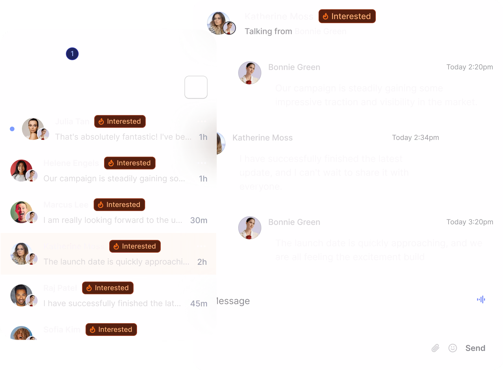 Unified inbox showing conversation list with message previews and a chat window with user messages.