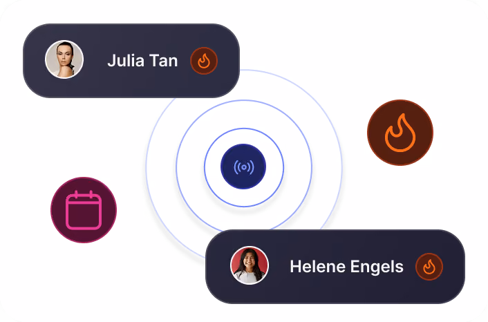 Radar-style graphic with concentric rings pulsing from a center point, surrounded by contact chips for Julia Tan and Helene Engels alongside flame and calendar icons.