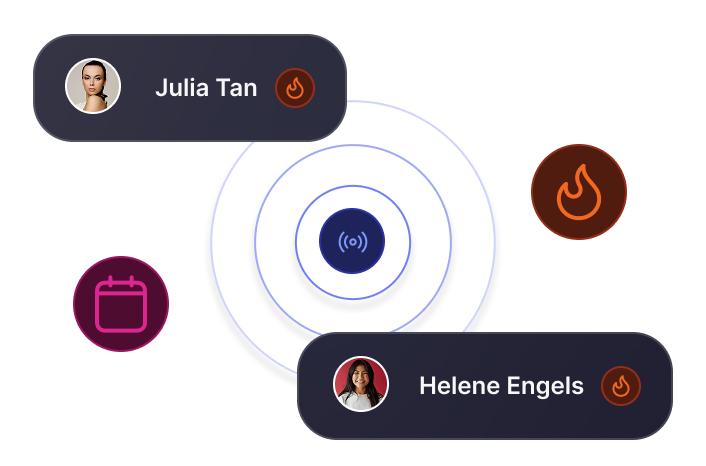 Radar-style graphic with concentric rings pulsing from a center point, surrounded by contact chips for Julia Tan and Helene Engels alongside flame and calendar icons.