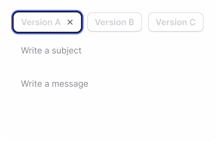 Composer with three tabs — Version A (selected), Version B, and Version C — above empty subject and message fields.