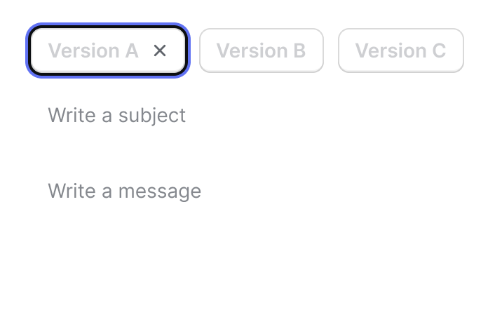 Composer with three tabs — Version A (selected), Version B, and Version C — above empty subject and message fields.