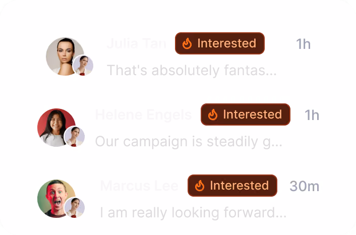 Inbox list of three replies from Julia Tan, Helene Engels, and Marcus Lee, each tagged "Interested" with timestamps of 1h, 1h, and 30m.