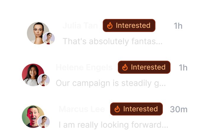 Inbox list of three replies from Julia Tan, Helene Engels, and Marcus Lee, each tagged "Interested" with timestamps of 1h, 1h, and 30m.