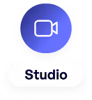 Bouton rond violet avec icône de caméra vidéo blanc et étiquette Studio en dessous.