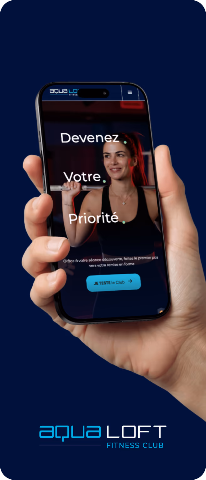 Écran de smartphone affichant Semper Wellness avec slogan et bouton d'inscription sur fond d'une femme sportive.