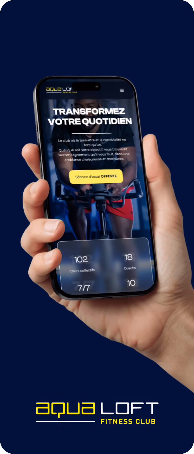 Écran de smartphone affichant Semper Wellness avec slogan et bouton d'inscription sur fond d'une femme sportive.