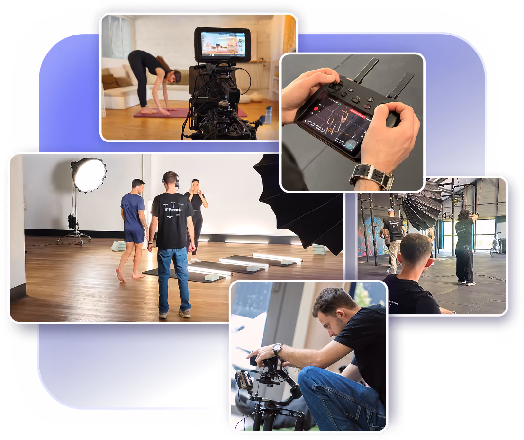 Multiple images of video production: filming yoga, remote control, directing studio shots, and camera setup.