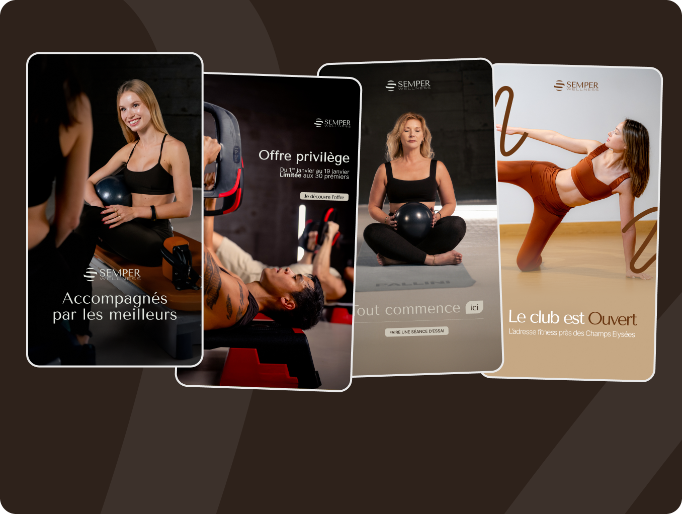 Trois personnes font de l’exercice de side plank et un ordinateur montre un site fitness Semper.