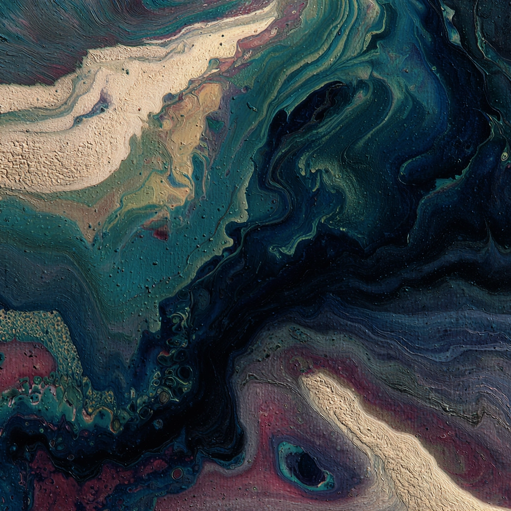 Abstract swirl of dark blue, beige, purple, and green paint with textured layers.