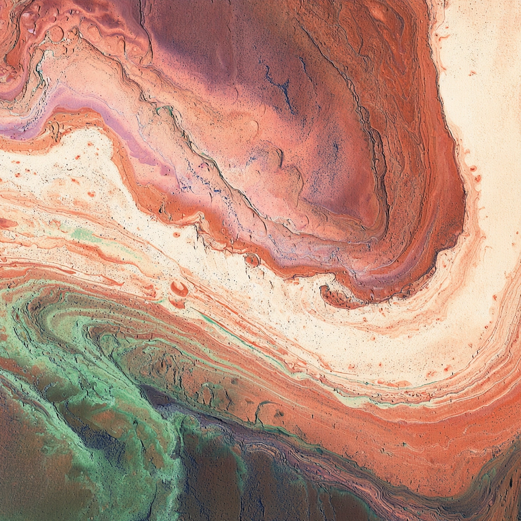 Abstract image with swirling layers of red, pink, cream, and green resembling sediment or paint.