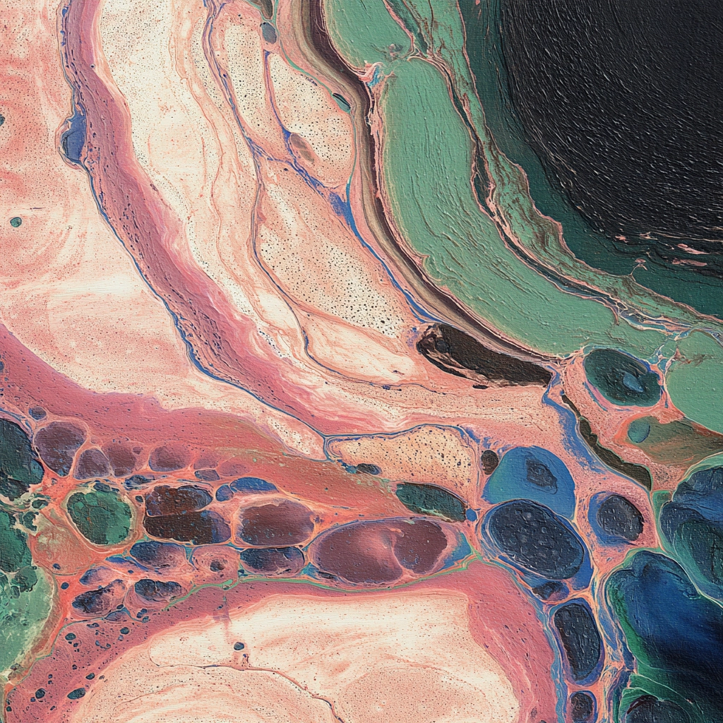 Abstract painting with swirling patterns and textures in green, pink, blue, and black colors.