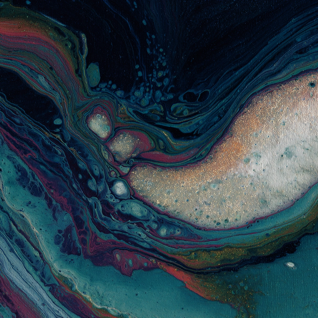Abstract fluid art with swirling dark blues, greens, gold, and pink creating a marbled effect.