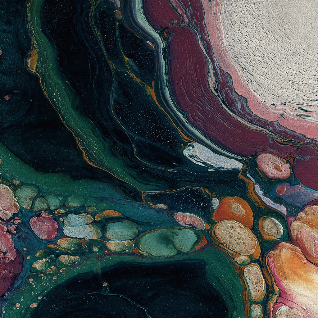 Abstract textured painting with swirling dark green, purple, pink, and orange shapes on canvas.