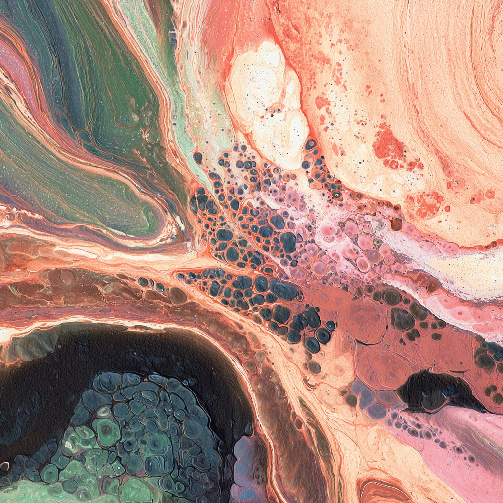 Abstract fluid art with swirling patterns in pink, green, black, and cream colors with cell-like textures.