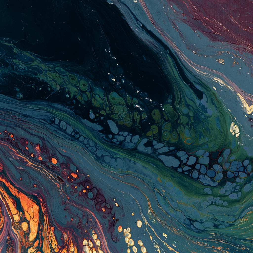 Abstract fluid painting with flowing patterns in dark blue, green, orange, and purple hues.