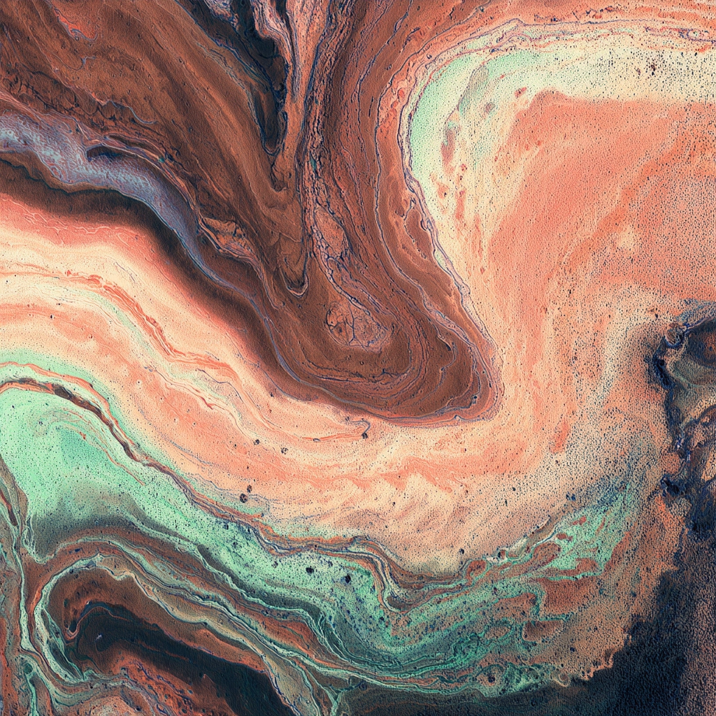 Abstract swirling patterns in orange, teal, and dark brown colors resembling marbled paint.
