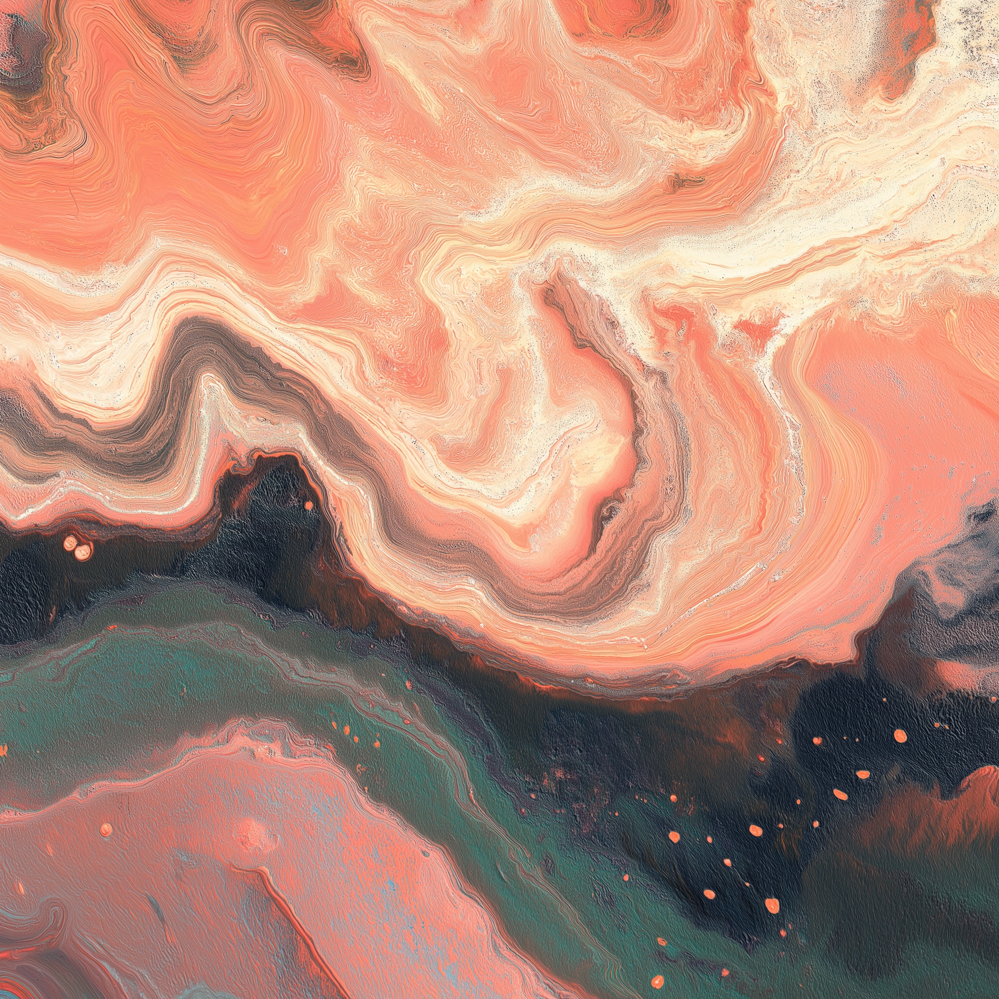 Abstract swirl of coral, cream, dark green, and black colors with fluid, wave-like textures.