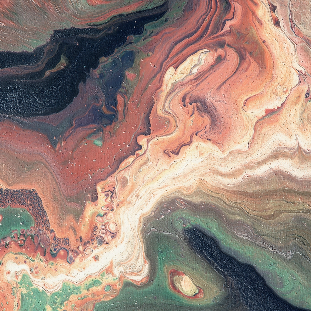 Abstract marbled paint swirl with red, black, green, and cream colors blending in fluid patterns.